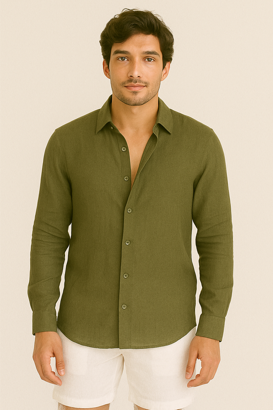 MILITARY GREEN – RELAXED FIT PREMIUM LINEN-BLEND SHIRT