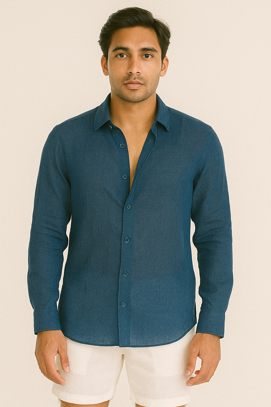 PRUSSIAN BLUE – RELAXED FIT PREMIUM LINEN-BLEND SHIRT